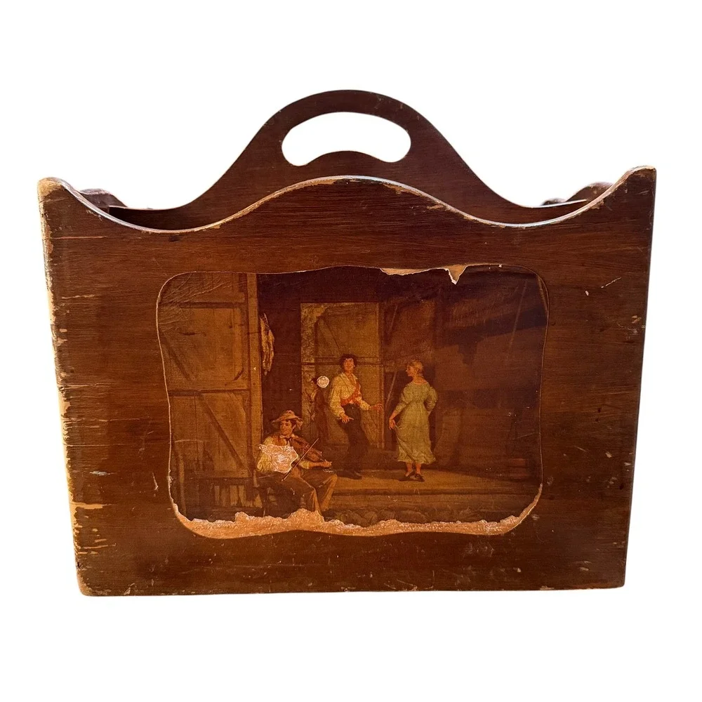 Vintage Wood Magazine Rack Rustic Barn Dance Decoupage Double Side Holder Brown